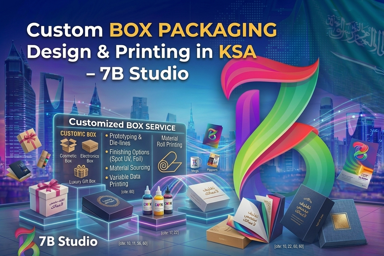 A dynamic, modern digital infographic for 7B Studio, titled 'Custom BOX PACKAGING Design & Printing in KSA', is set in an atmospheric, neon-lit Saudi Arabian cityscape at dusk. On the right, an oversized, non-negotiable multi-colored ribbon 'B' logo anchors the composition. In the central-left foreground, a central digital display lists customized box services