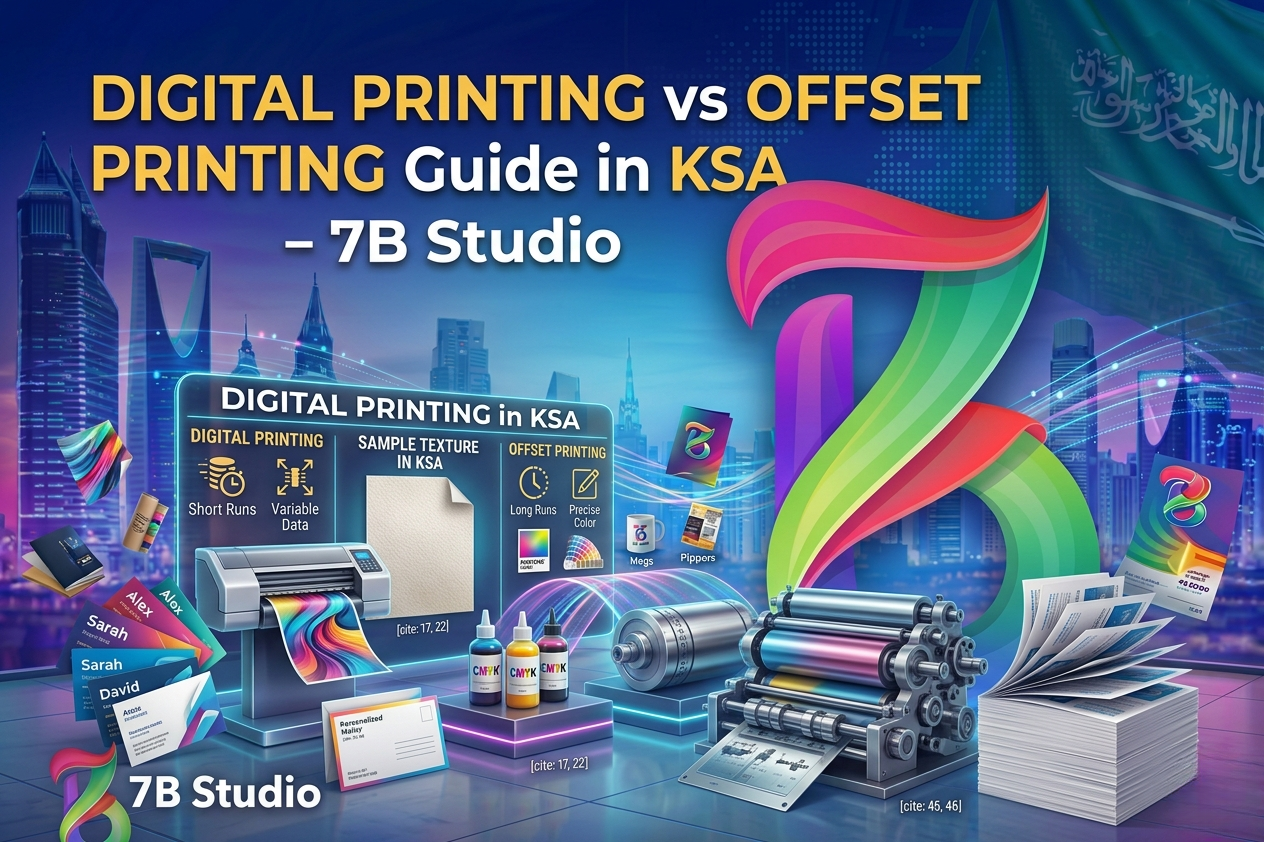 A 3D visual guide comparing digital printing vs offset printing in KSA, showcasing a digital printer for short, variable data runs alongside an industrial offset press for high-volume printing by 7B Studio.