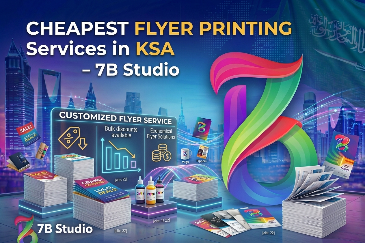 A vibrant 3D visual showcasing the cheapest flyer printing services in KSA, featuring stacks of customized promotional flyers, bulk discount charts, and economical CMYK ink solutions by 7B Studio against a modern Riyadh skyline.