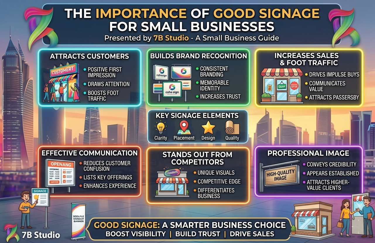 7B Studio infographic showing the key benefits and importance of good signage for small businesses, featuring 3D models of storefronts, cash registers, and professional badges.