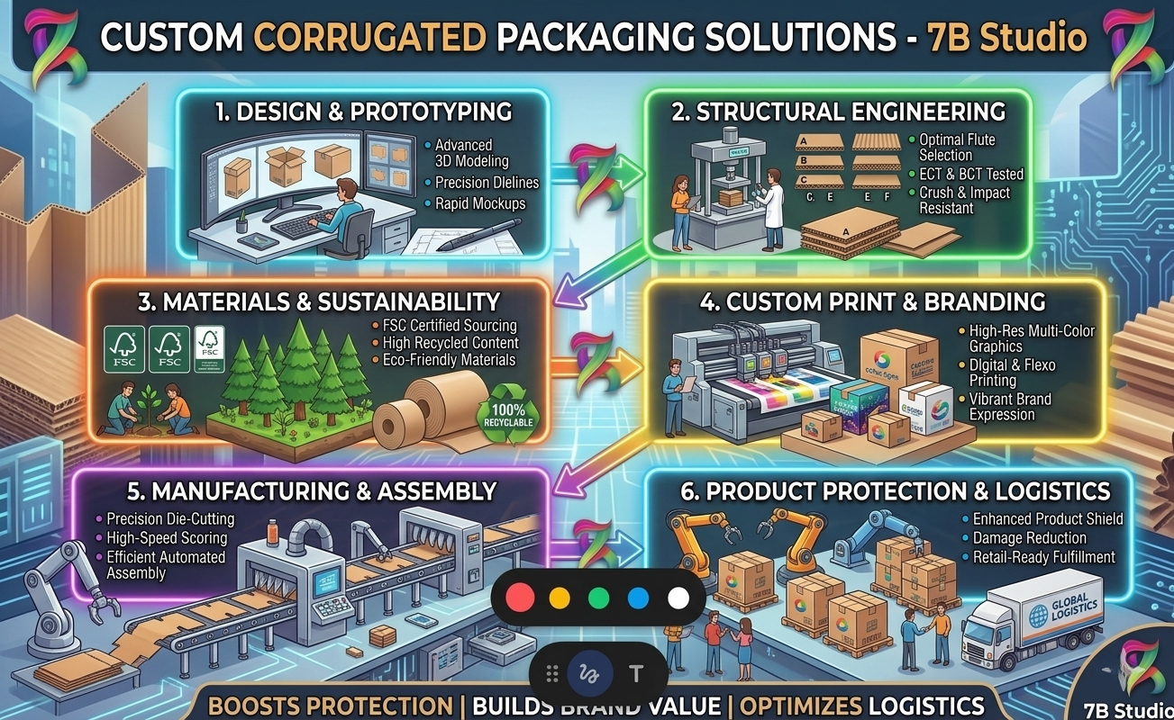 A detailed infographic titled "CUSTOM CORRUGATED PACKAGING SOLUTIONS - 7B Studio" illustrates a six-step process linked by colorful arrows with logos. The steps are: 1. Design & Prototyping (CAD design, 3D modeling, mockups), 2. Structural Engineering (machine testing, flute selection), 3. Materials & Sustainability (eco-friendly materials, recycling), 4. Custom Print & Branding (industrial printing on branded boxes), 5. Manufacturing & Assembly (die-cutting, automated production), and 6. Product Protection & Logistics (warehouse operations, delivery truck). Each panel features detailed illustrations, icons, and descriptive text for each stage.