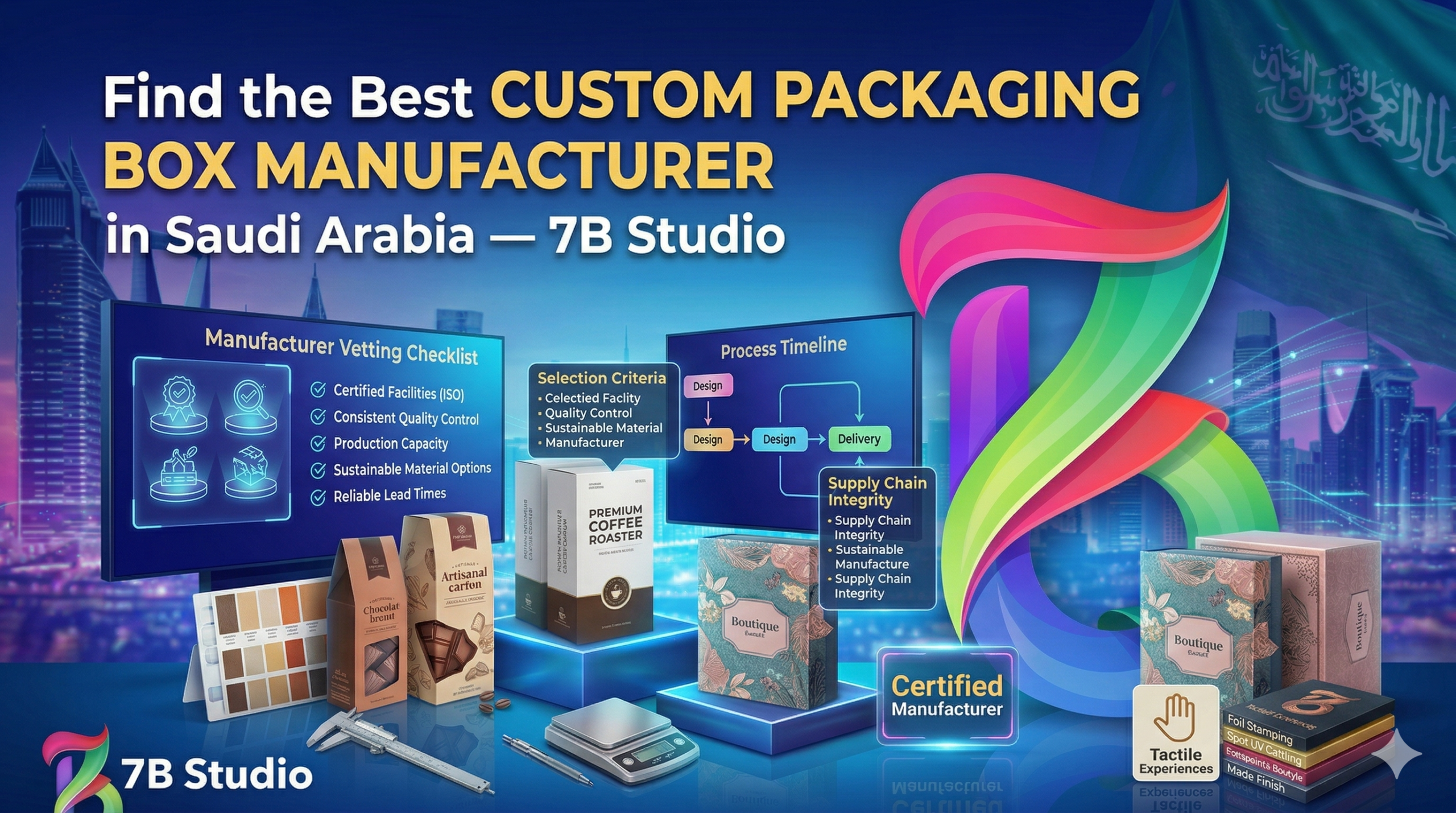 A comprehensive digital infographic designed by 7B Studio, acting as a guide for finding and selecting a Custom Packaging Box Manufacturer in Saudi Arabia. The detailed graphic features a large, colorful, ribbon-like 7B logo and the Riyadh skyline at night under a blue backdrop with the Saudi flag in the upper right.