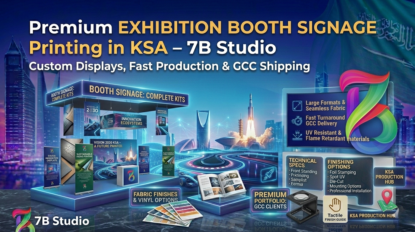 A comprehensive, futuristic infographic from 7B Studio promoting "Exhibition Booth Signage Printing in Saudi Arabia". Set against a stylized Riyadh city skyline at night with glowing network lines, an F1 car, a rocket launch, and a KSA flag, the graphic features a detailed 3D modular exhibition booth kit on illuminated platforms. Multiple signs, banners, and screens display text like 'BOOTH SIGNAGE: COMPLETE KITS', 'VISION 2030 KSA – A FUTURE PRINTED', 'INNOVATION ECOSYSTEMS', 'SUSTAINABLE BOOTH PRINTING', 'DIGITAL INNOVATION DISPLAYS', and a portfolio book titled 'PREMIUM PORTFOLIO: GCC CLIENTS' and 'FABRIC FINISHES & VINYL OPTIONS' with material swatches.