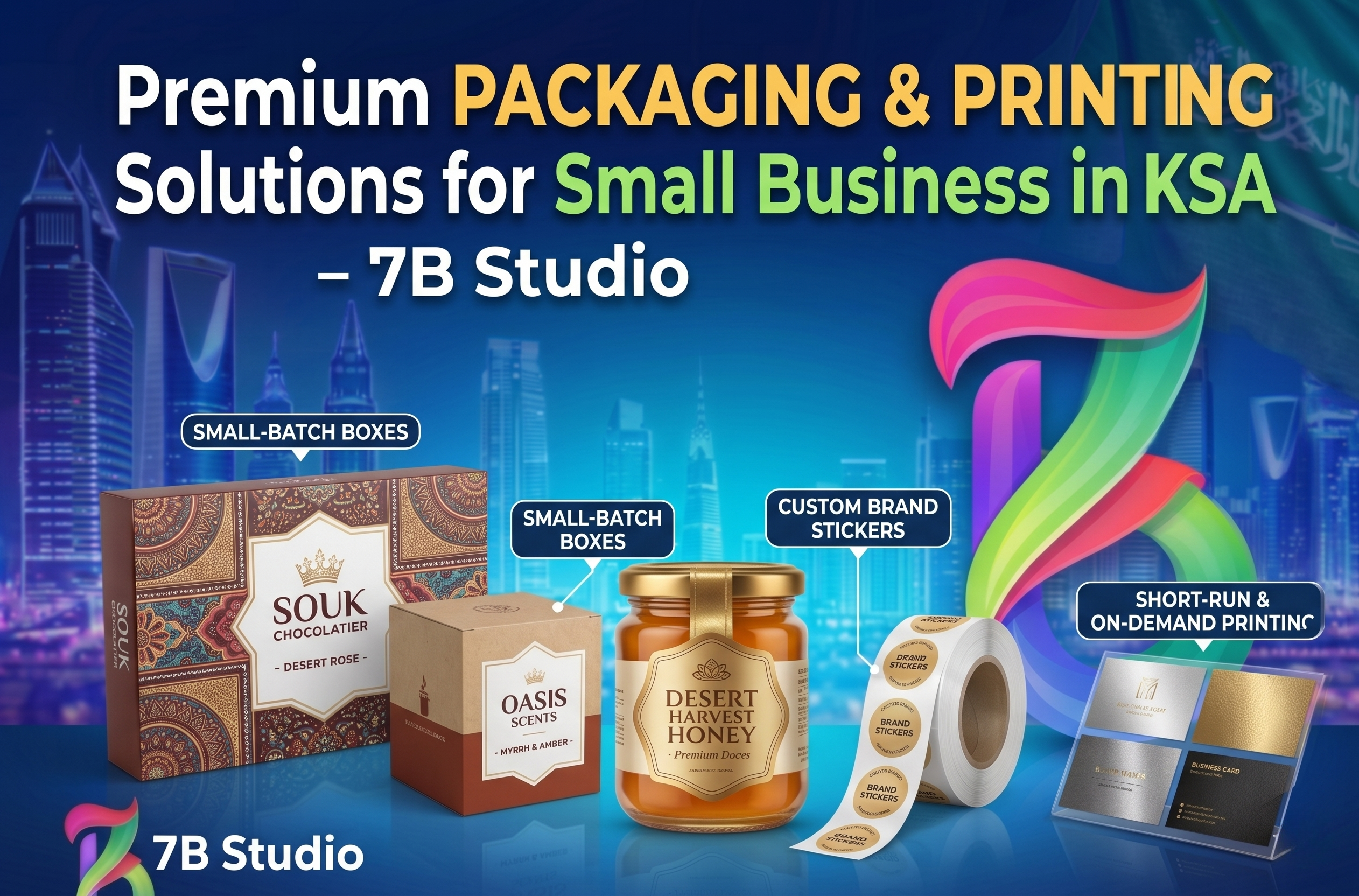 A small business owner, perhaps a boutique owner or a local artisan, inspecting custom-printed boxes, elegant business cards, and promotional flyers in a cozy shop setting. The focus is on the branded materials and the happy entrepreneur.