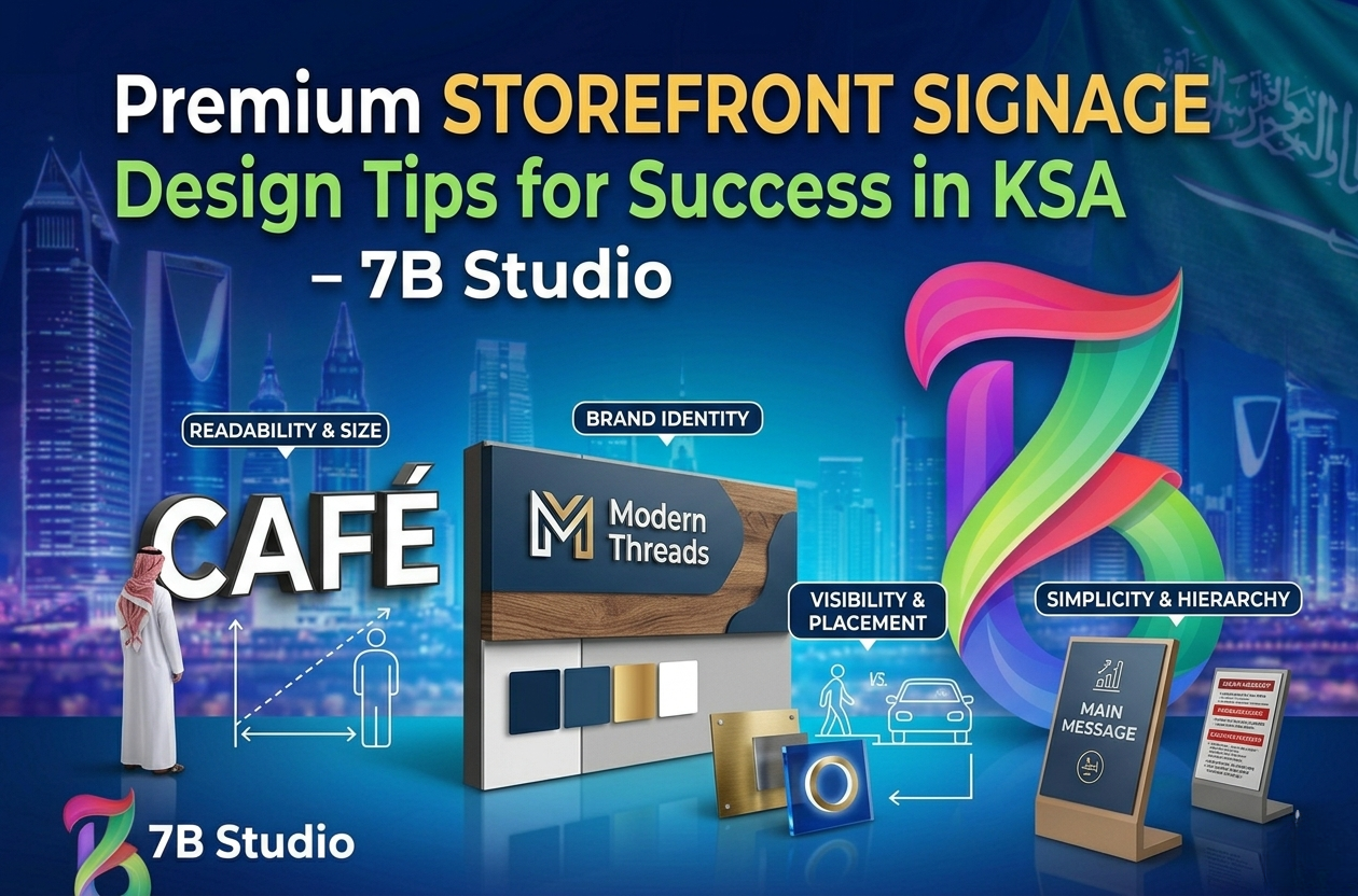 A 3D marketing graphic titled 'Premium STOREFRONT SIGNAGE Design Tips for Success in KSA - 7B Studio', set against a dark blue nighttime Riyadh cityscape with a subtle Saudi Arabian flag. The right side features the prominent, multi-colored 3D '7B' logo. The foreground displays interactive 3D elements illustrating design tips: large illuminated letters spelling 'CAFÉ' with a scale for 'Readability & Size', a wooden and blue 'Modern Threads' sign mockup with color swatches for 'Brand Identity', material samples with line art of a pedestrian and car for 'Visibility & Placement', and two comparison signboards for 'Simplicity & Hierarchy'. A 3D figure of a man in traditional Saudi attire stands on the left.