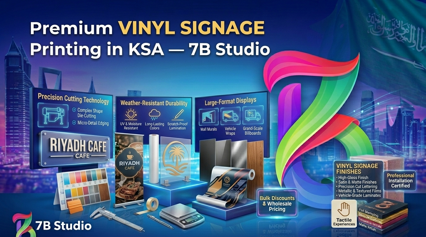 A detailed infographic from 7B Studio promoting Premium VINYL SIGNAGE Printing in KSA (Kingdom of Saudi Arabia). Against a dark blue digital backdrop with glowing data lines, the Riyadh skyline at night, and the Saudi flag, multiple vinyl signage mockups are displayed on glowing pedestals. These include an illuminated "RIYADH CAFE" sign, a banner stand, vinyl rolls, a window decal, texture samples, and a vehicle wrap panel. Above the products, three digital screens detail key features with icons: Screen 1: "Precision Cutting Technology" (Complex Shape Die-Cutting, Micro-Detail Edging); Screen 2: "Weather-Resistant Durability" (UV & Moisture Resistant, Long-Lasting Colors, Scratch-Proof Lamination); Screen 3: "Large-Format Displays" (Wall Murals, Vehicle Wraps, Grand-Scale Billboards).