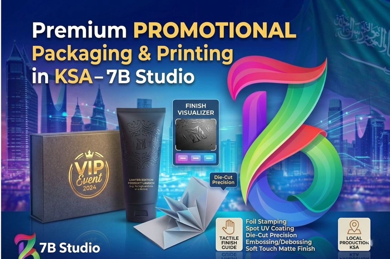Digital marketing graphic by 7B Studio promoting premium promotional packaging and printing in KSA. It showcases a gold foil VIP event box, a textured matte product tube