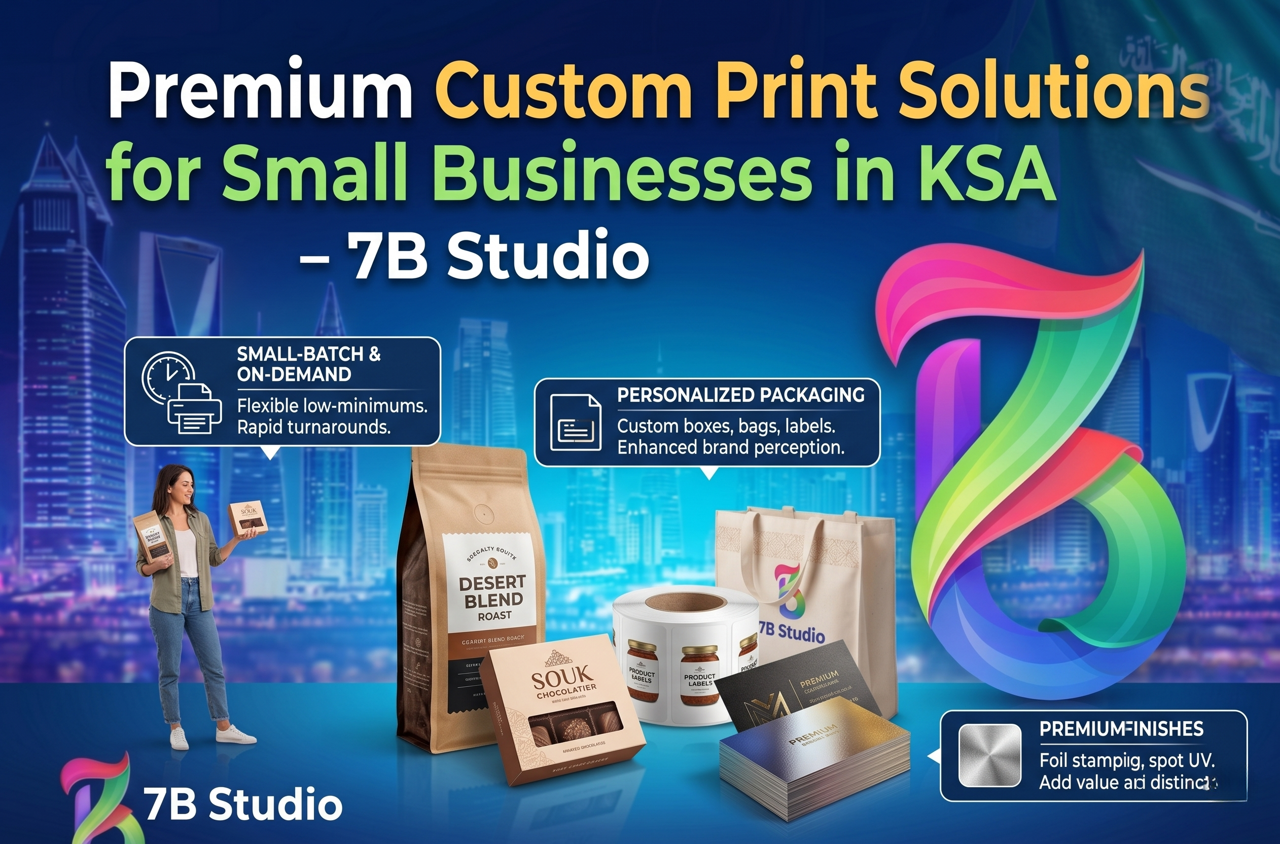 A detailed collage showcasing a variety of custom printing examples: a logo on a canvas tote bag, unique labels on product jars, personalized hang tags for clothing, branded tissue paper, and distinct business cards. Each item demonstrates print versatility and quality.