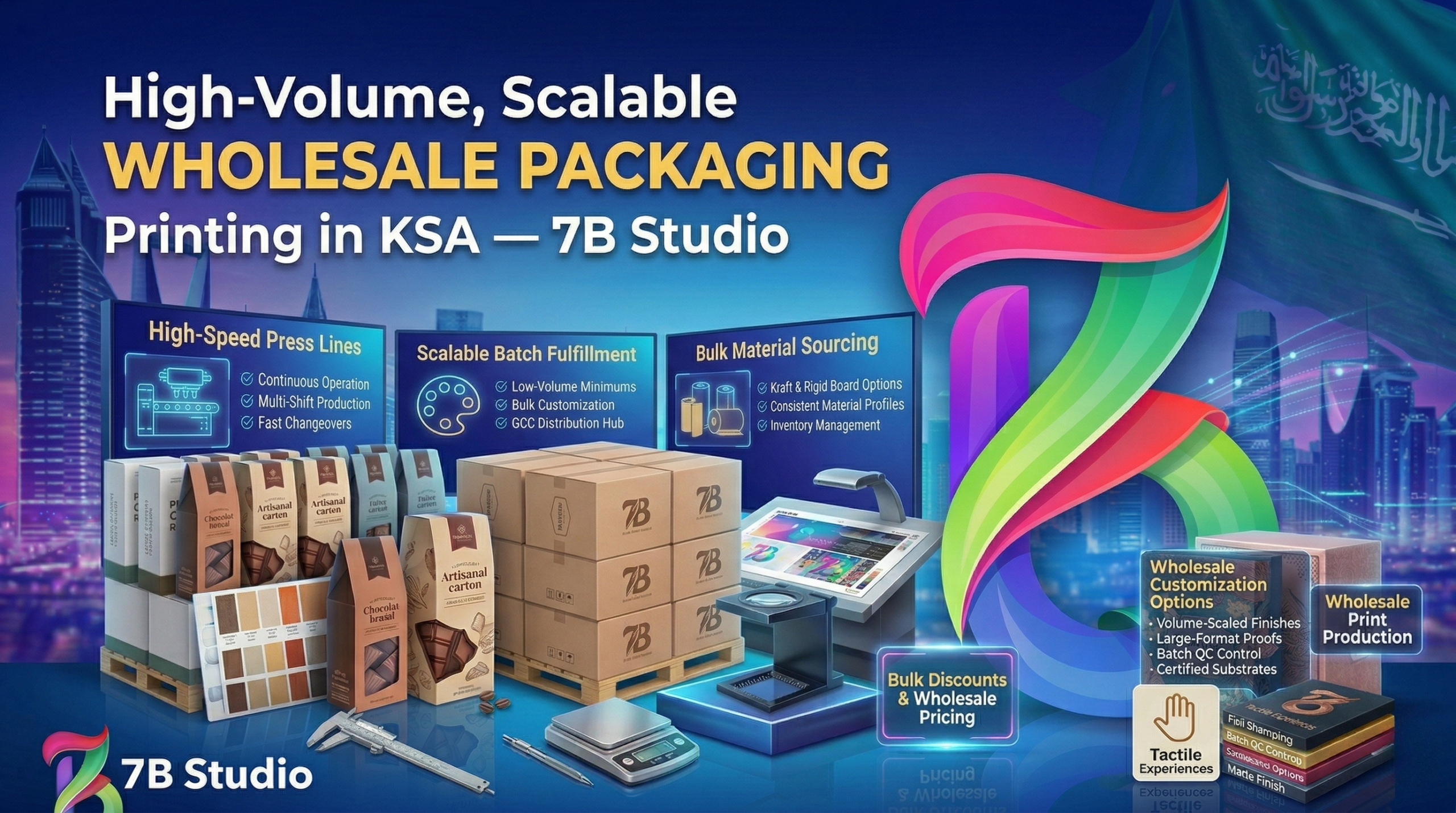 A detailed, futuristic infographic promoting high-volume wholesale packaging printing services in KSA by 7B Studio. Set against the Riyadh skyline and the Saudi flag, the graphic features a large stylized 7B logo. The central title reads: 'High-Volume, Scalable WHOLESALE PACKAGING Printing in KSA — 7B Studio'. Digital panels on the left show 'High-Speed Press Lines' and 'Scalable Batch Fulfillment' with features like continuous operation and a GCC distribution hub.