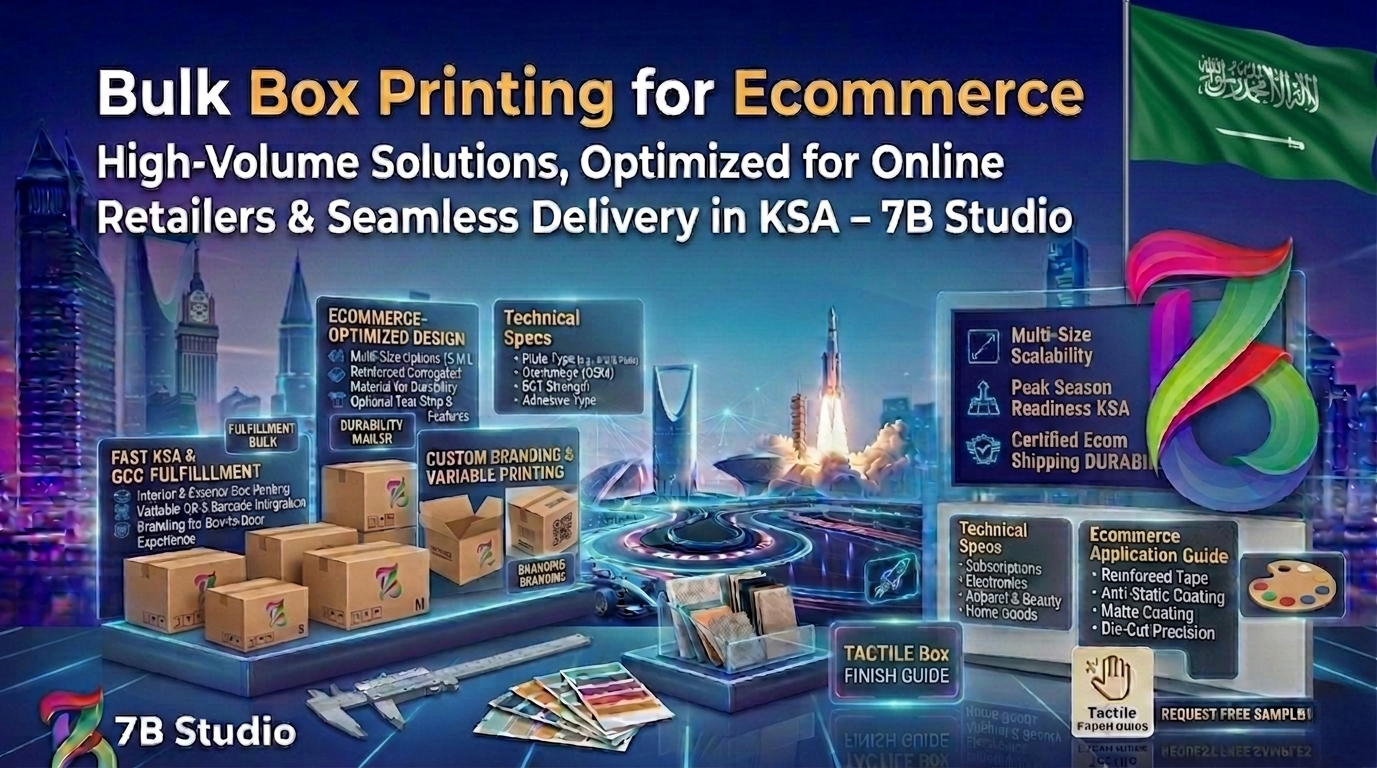 A detailed, futuristic infographic by 7B Studio promoting Bulk Box Printing for Ecommerce. Set against a neon-illuminated Riyadh city skyline at night with a Saudi Arabian flag waving in the background, the central headline reads: 'Bulk Box Printing for Ecommerce - High-Volume Solutions, Optimized for Online Retailers & Seamless Delivery in KSA – 7B Studio'. Glowing digital panels display key service categories: 'SCALABLE HIGH-VOLUME PRODUCTION' detailing offset and flexographic capabilities, 'ECOMMERCE-OPTIMIZED DESIGN' highlighting multi-size options and reinforced corrugated materials, 'Technical Specs', and a 'GCC Sourcing Hub'. The foreground features 3D physical mockups of shipping cartons labeled with 'S, M, L' sizes, alongside a tactile finish guide, material color swatches, and a caliper. The large, flowing 3D colorful ribbon '7B' logo prominently anchors the right side of the graphic.
