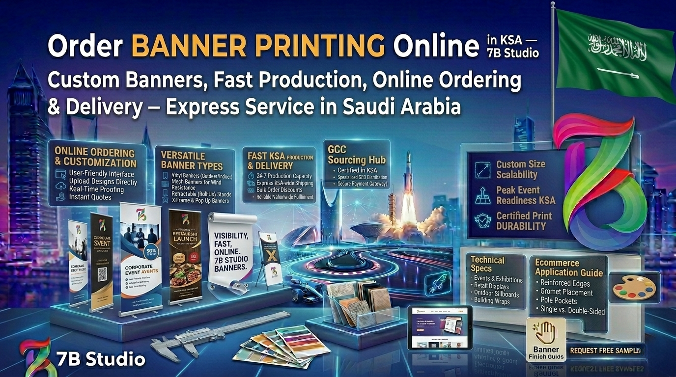 A detailed, futuristic infographic by 7B Studio promoting the ability to Order Banner Printing Online in Saudi Arabia. The backdrop features a neon-lit Riyadh skyline at night alongside the green Saudi Arabian flag. The main headline reads 'Order BANNER PRINTING Online in KSA — 7B Studio' with a subheadline highlighting custom banners, fast production, and express delivery. On the left, glowing digital panels categorize 'Online Ordering & Customization', 'Versatile Banner Types', and 'Fast KSA Production & Delivery', hovering above physical mockups of various retractable, roll-up, and X-frame banners. A digital tablet displaying a user-friendly online ordering interface sits in the foreground next to material color swatches, a caliper, and a 'Banner Finish Guide'.