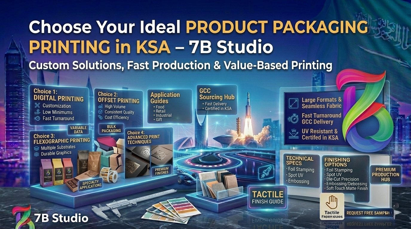 A detailed marketing infographic from 7B Studio acting as a guide to choose custom Product Packaging Printing solutions in KSA (Saudi Arabia). Set against a futuristic Riyadh skyline at night, with neon-lit tracks and rocket launches under a Saudi flag, the graphic presents a choice-based structure. The main headline reads: 'Choose Your Ideal Product Packaging Printing in KSA - 7B Studio', with the subtitle: 'Custom Solutions, Fast Production & Value-Based Printing'. The lower section features distinct, illuminated platforms labeled: 'Choice 1: DIGITAL PRINTING' (highlighting customization and low minimums), 'Choice 2: OFFSET PRINTING' (highlighting high volume and consistent quality for bulk packaging), 'Choice 3: FLEXOGRAPHIC PRINTING' (highlighting multiple substrates and durable graphics for specialty applications), and 'Choice 4: ADVANCED PRINT TECHNIQUES' (highlighting premium finishes).