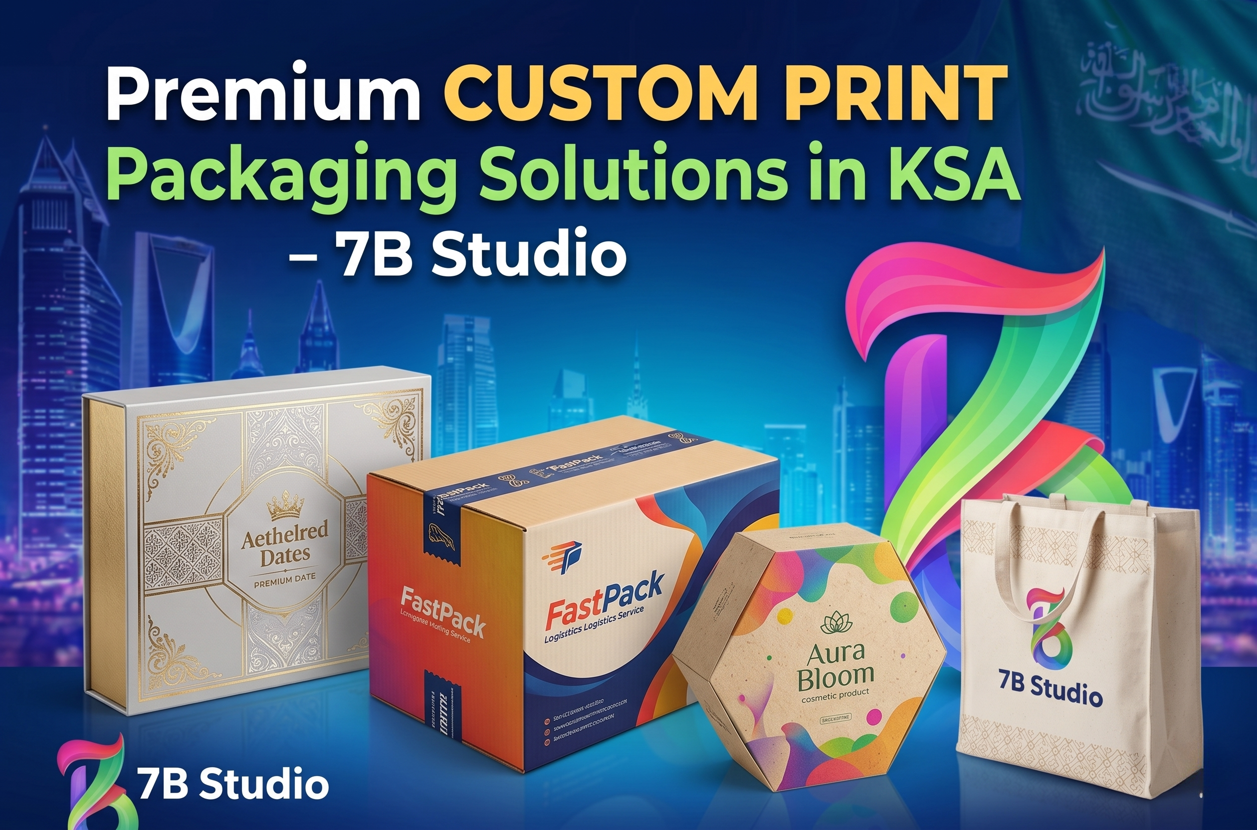 A marketing graphic titled 'Premium CUSTOM PRINT Packaging Solutions in KSA - 7B Studio', set against a dark blue KSA cityscape skyline with a Saudi flag. The image showcases four distinct custom-printed packaging examples: a gold-foiled rigid box for 'Aethelred Dates', a corrugated shipping box with a 'FastPack' logo, a colorful hexagonal box for 'Aura Bloom' cosmetics, and a branded paper bag. The multi-colored stylized '7B' studio logo is prominently featured.