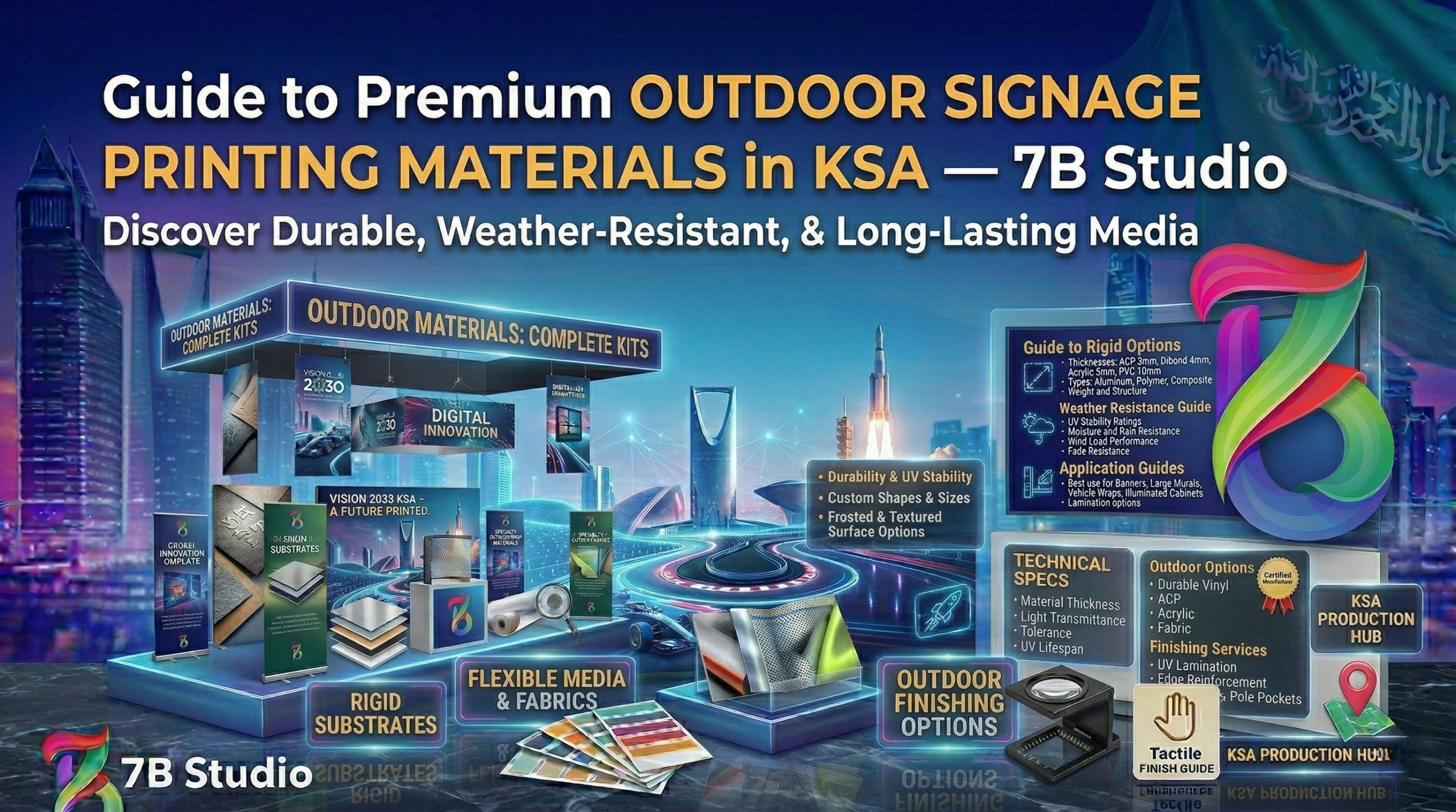 An informative 3D infographic by 7B Studio detailing various Outdoor Signage Printing Materials. Set against a futuristic, neon-lit Riyadh skyline and the Saudi flag, the graphic displays physical material mockups on the left, labeled 'Rigid Substrates' (showing layered composite panels) and 'Flexible Media & Fabrics' (showing rolls of durable vinyl). The right side features floating digital panels breaking down a 'Guide to Rigid Options' (Dibond, Acrylic, PVC), a 'Weather Resistance Guide' highlighting UV stability and sand/moisture resistance, and 'Application Guides'.