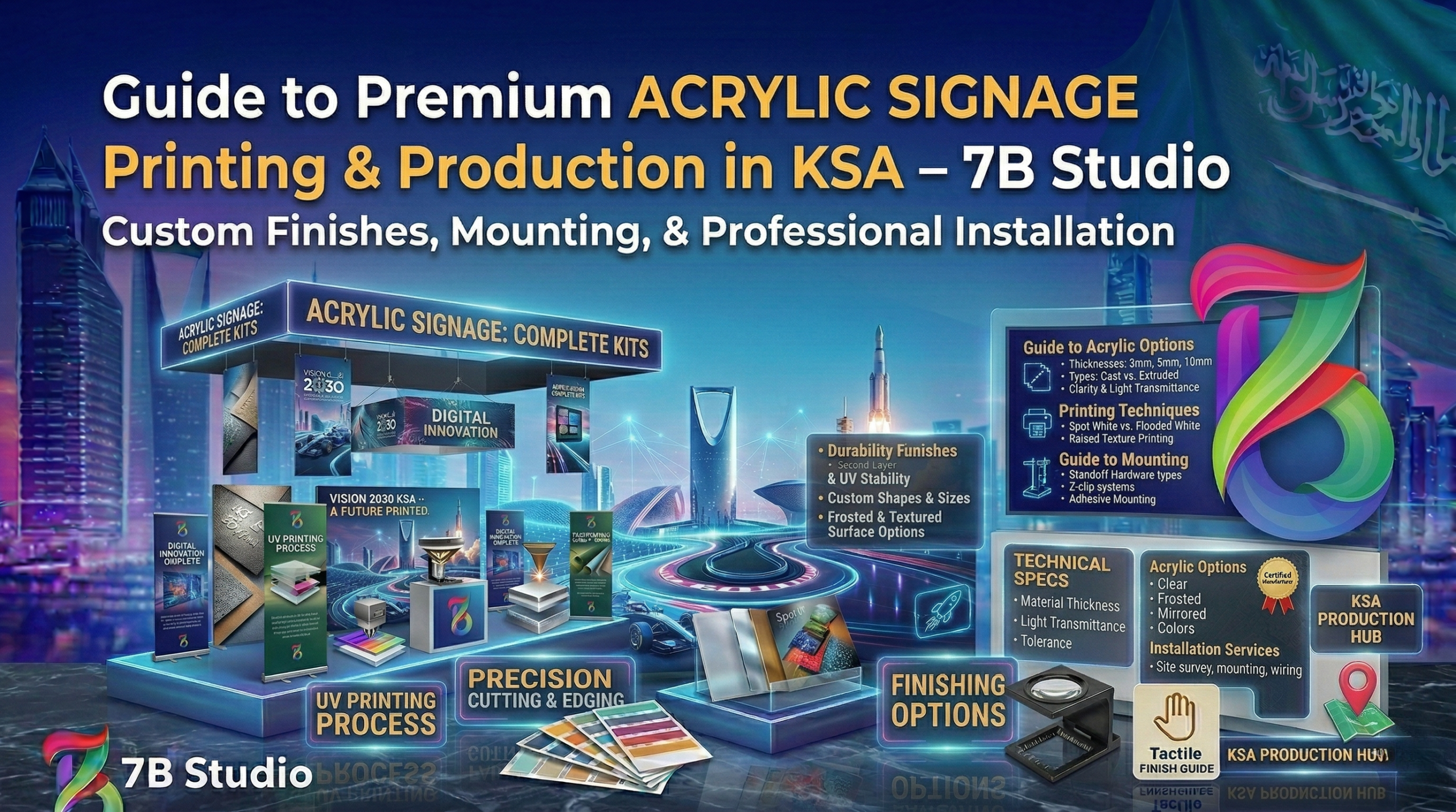 A futuristic, highly detailed infographic graphic from 7B Studio acting as a comprehensive Guide to Acrylic Signage Printing. Set against a neon-lit dark blue backdrop featuring the Riyadh skyline, a futuristic highway, and the Saudi flag, the left side features illuminated pedestals showcasing physical mockups of acrylic signs with standoff mounts, layered 3D text, and displays labeled 'UV PRINTING PROCESS' and 'PRECISION CUTTING & EDGING'. The top headline reads: 'Guide to Premium ACRYLIC SIGNAGE Printing & Production in KSA – 7B Studio'.