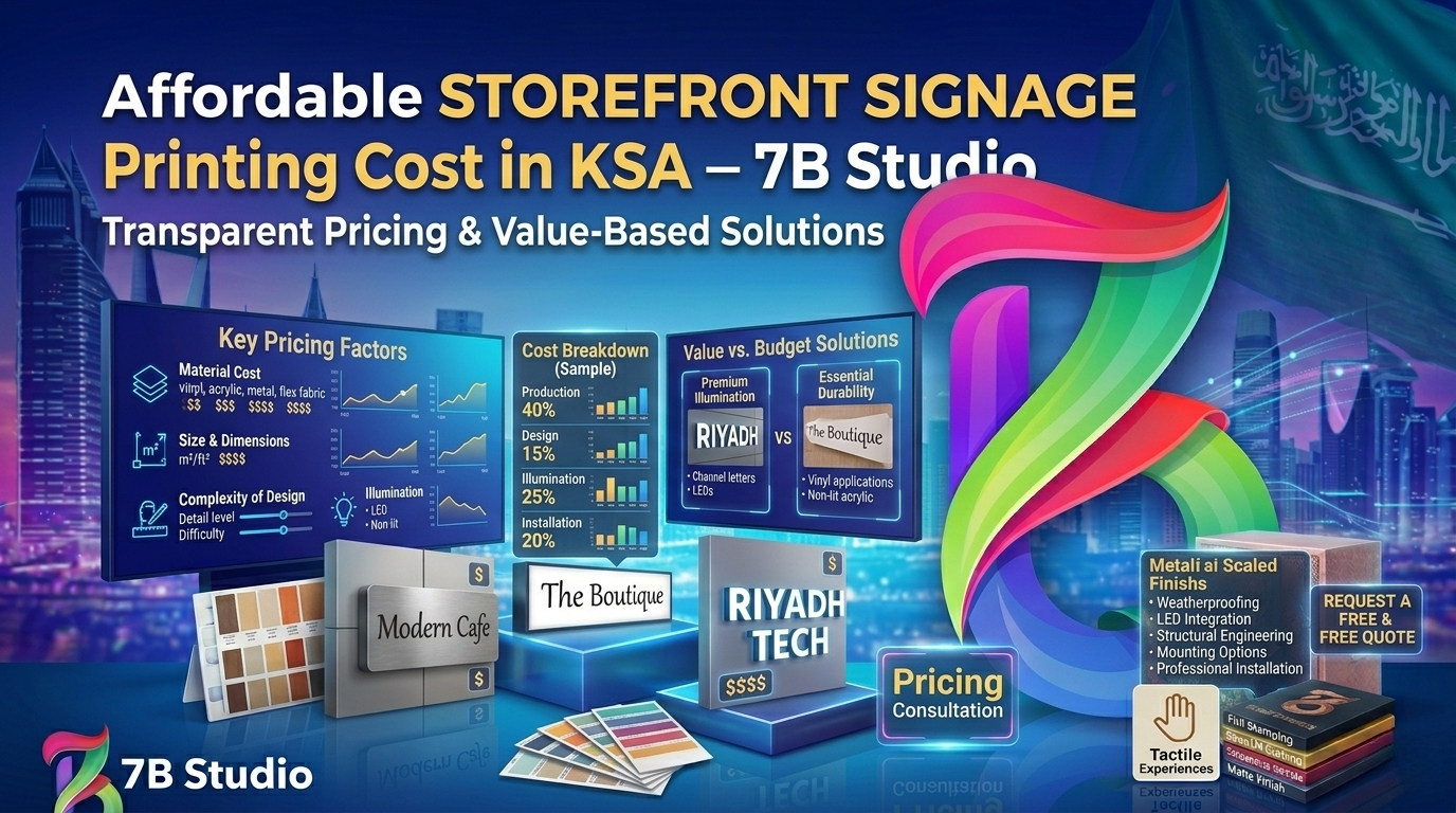A comprehensive digital infographic by 7B Studio explaining the Storefront Signage Printing Cost Saudi Arabia. Set against a dark blue neon background featuring the Riyadh city skyline and the Saudi flag, the graphic focuses on transparent pricing and value-based solutions. Three digital dashboard screens display 'Key Pricing Factors' (Material Cost, Size & Dimensions, Complexity of Design, and Illumination), a sample 'Cost Breakdown' chart (Production 40%, Design 15%, Illumination 25%, Installation 20%), and a 'Value vs. Budget Solutions' comparison.