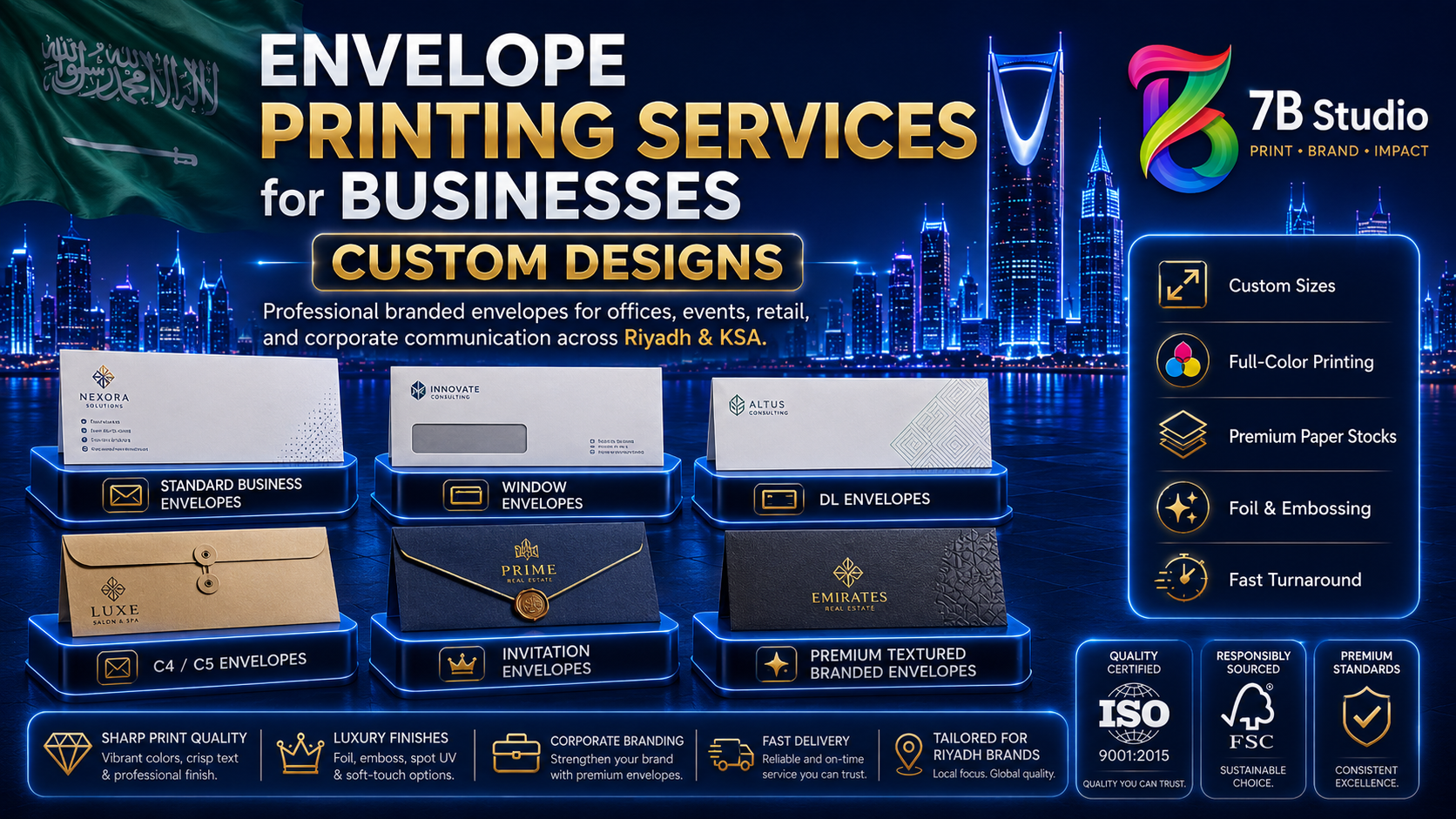 Envelope printing services for businesses by 7B Studio in Riyadh, featuring custom envelope designs such as standard business envelopes, window envelopes, DL envelopes, C4/C5 envelopes, invitation envelopes, and premium textured branded envelopes with custom printing options.