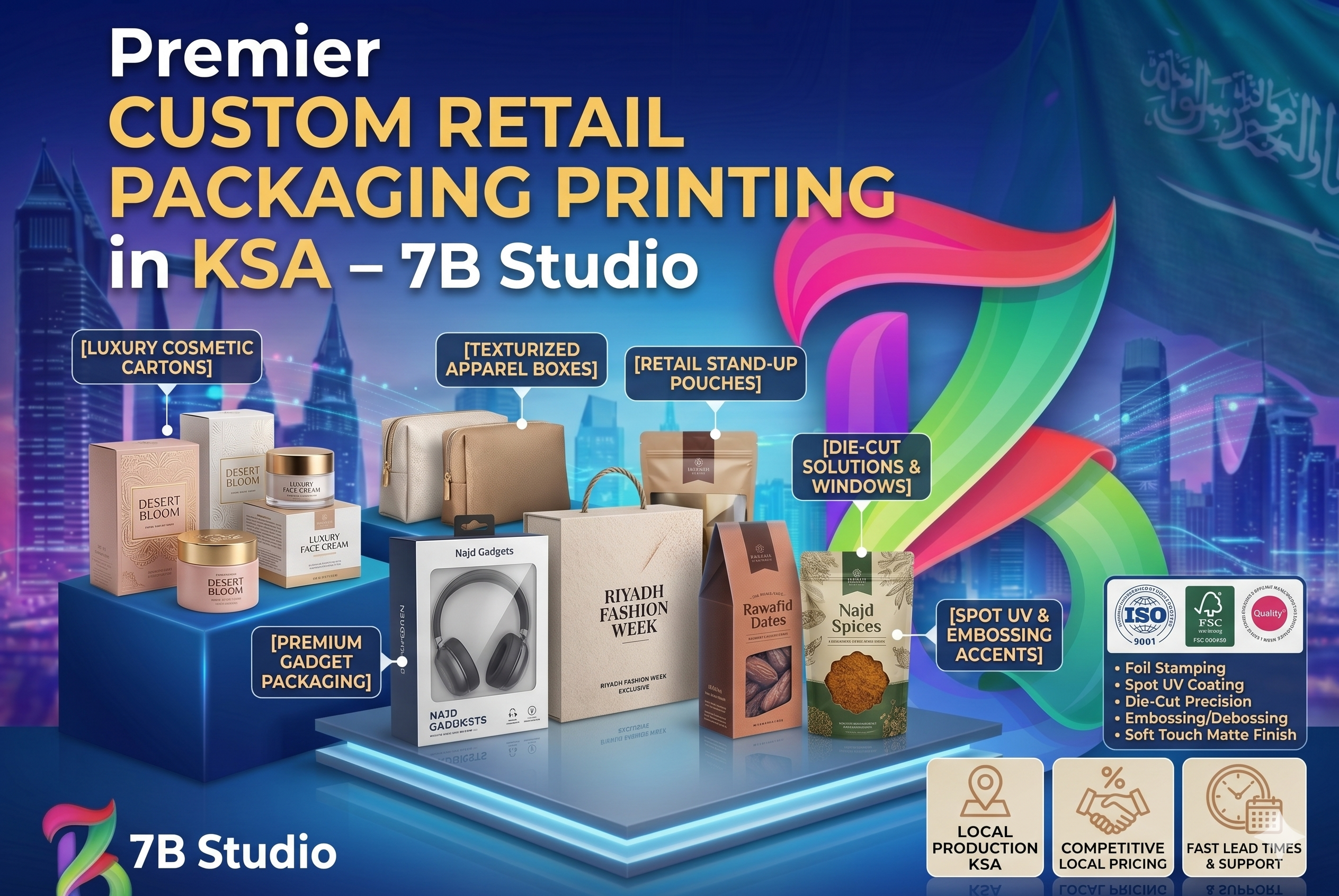 A promotional B2B marketing banner for 'Custom Retail Packaging Printing in KSA – 7B Studio' set against a vibrant blue Riyadh city skyline and a subtle Saudi Arabian flag. The image features a multi-tiered 3D display showcasing a diverse range of retail packaging solutions. Text callouts point to specific product categories: '[LUXURY COSMETIC CARTONS]' showing premium skincare boxes, '[PREMIUM GADGET PACKAGING]' highlighting a windowed headphone box, '[TEXTURIZED APPAREL BOXES]' displaying boutique shopping bags and boxes, and '[RETAIL STAND-UP POUCHES]' and '[DIE-CUT SOLUTIONS & WINDOWS]' pointing to flexible pouches for dates and spices. On the right, beneath a colorful 3D '7B' logo, a list details premium print finishes including Foil Stamping, Spot UV Coating, and Embossing, alongside ISO and FSC quality badges. The bottom right corner features trust icons highlighting Local Production in KSA, Competitive Local Pricing, and Fast Lead Times.