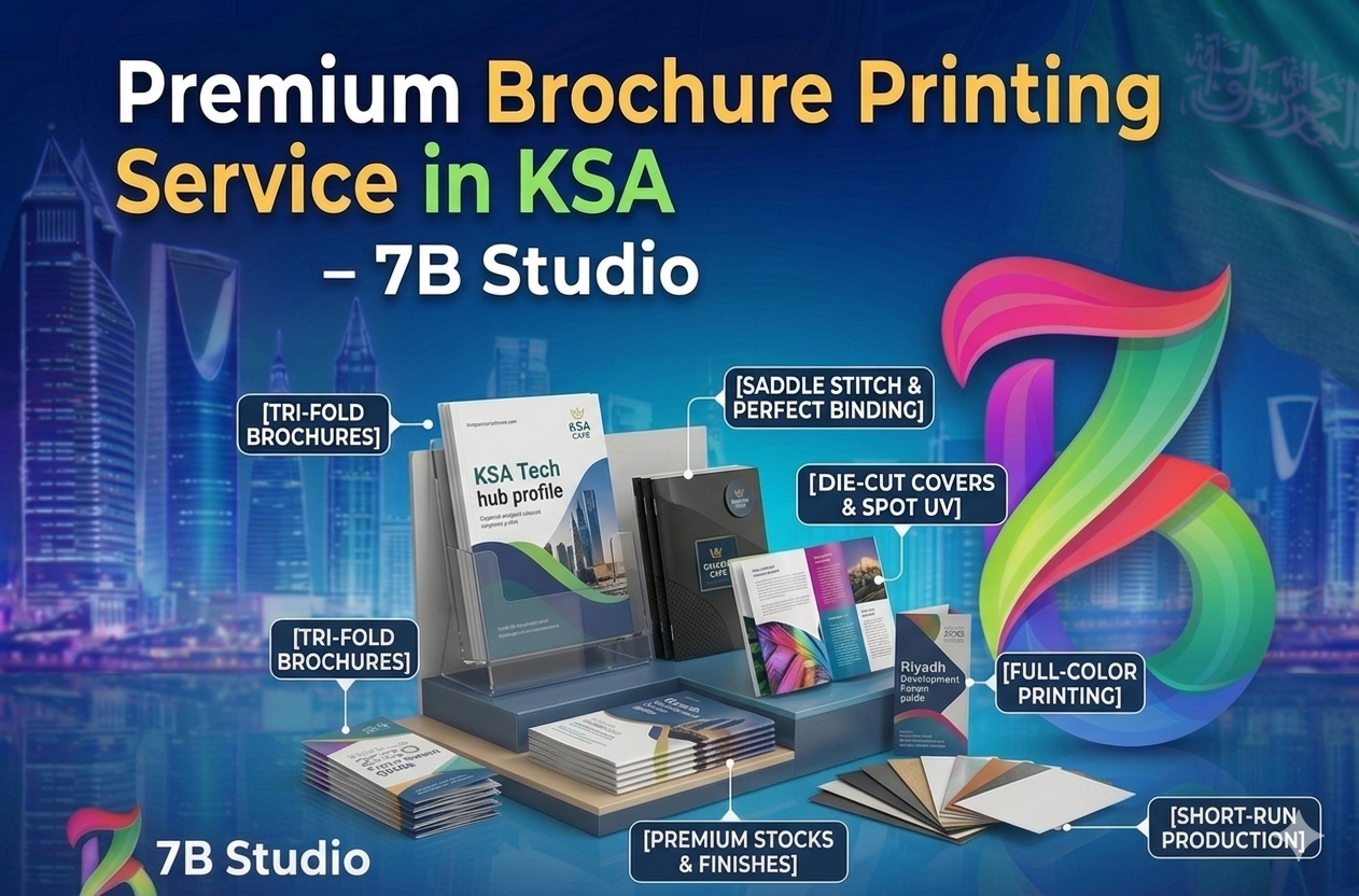 Promotional graphic for 7B Studio highlighting their Premium Brochure Printing Service in KSA. The image features a modern display of various corporate brochures and booklets against a glowing nighttime Riyadh skyline. Callout labels highlight key printing capabilities, including '[TRI-FOLD BROCHURES]', '[SADDLE STITCH & PERFECT BINDING]', '[DIE-CUT COVERS & SPOT UV]', '[FULL-COLOR PRINTING]', '[PREMIUM STOCKS & FINISHES]', and '[SHORT-RUN PRODUCTION]'. Sample mockups include a 'KSA Tech hub profile' and a 'Riyadh Development Forum guide', placed alongside a fan of premium paper swatches and the large, colorful 7B Studio logo.