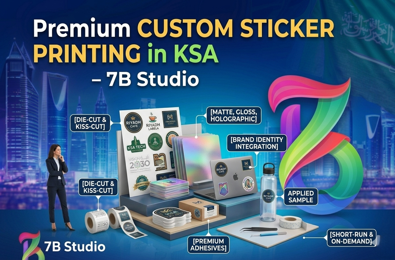 Promotional graphic by 7B Studio for custom sticker printing in KSA. The visual showcases various sticker formats including die-cut and kiss-cut sticker sheets, rolled labels, and individual sticker stacks. It highlights material options like matte, gloss, and holographic finishes, alongside premium adhesives. Applied sticker samples are displayed on a laptop and a water bottle for brand identity integration. The display is set against a nighttime Riyadh skyline with the 7B Studio logo.