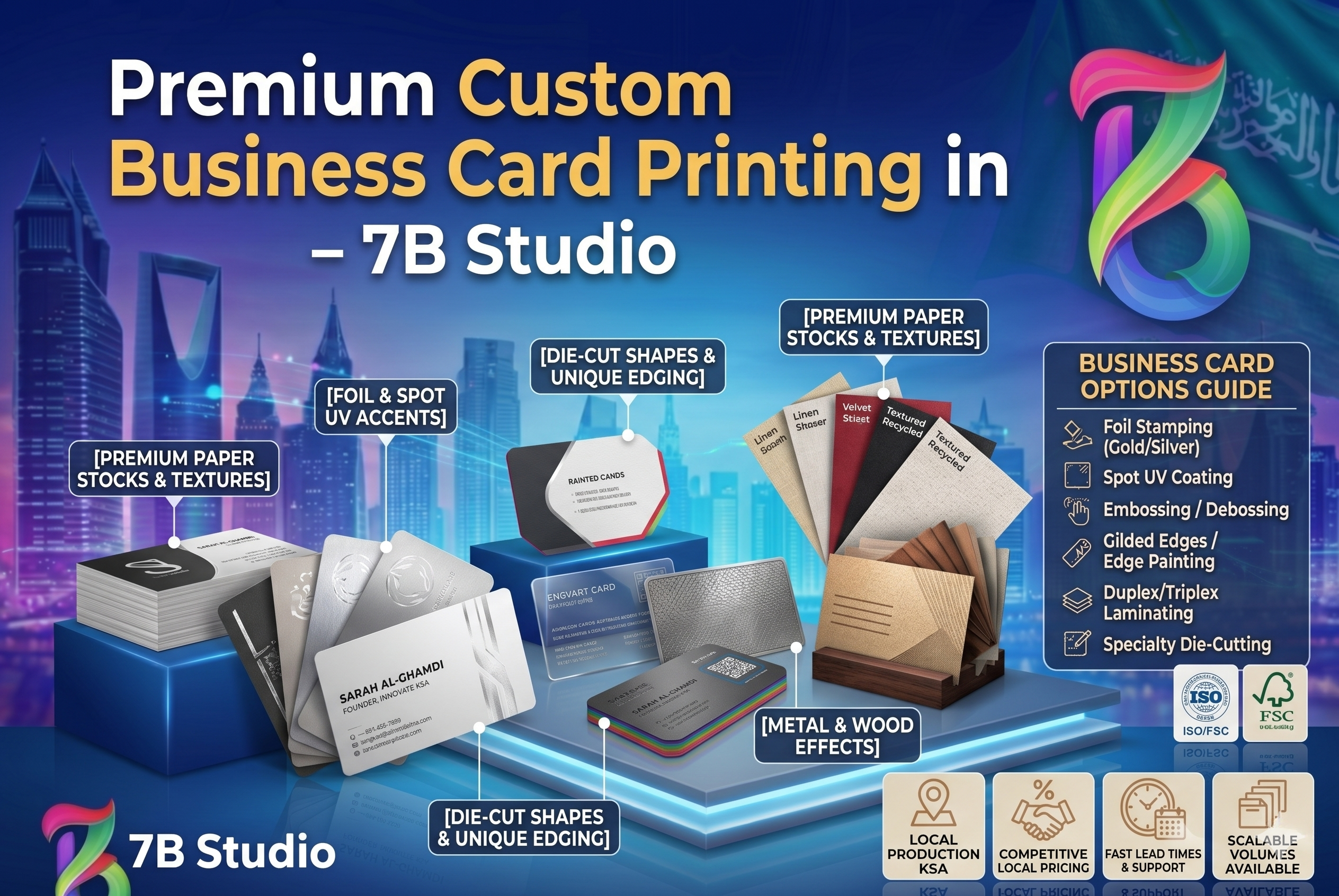 The image is set against a futuristic Riyadh skyline with the Saudi flag, featuring a glossy podium that displays a diverse array of high-end business cards and material samples. Prominent callouts and product examples highlight services: '[PREMIUM PAPER STOCKS & TEXTURES]', '[FOIL & SPOT UV ACCENTS]', '[DIE-CUT SHAPES & UNIQUE EDGING]', and '[METAL & WOOD EFFECTS]'. Product examples include foil-stamped, shaped, and etched metal cards. On the right, a detailed 'BUSINESS CARD OPTIONS GUIDE' list covers Foil Stamping, Spot UV, Embossing, Gilded Edges, Laminating, and Die-Cutting. At the bottom right, icons indicate local production in KSA, competitive pricing, fast lead times, and scalable volumes, next to ISO and FSC certification logos. The 7B Studio branding is visible throughout.