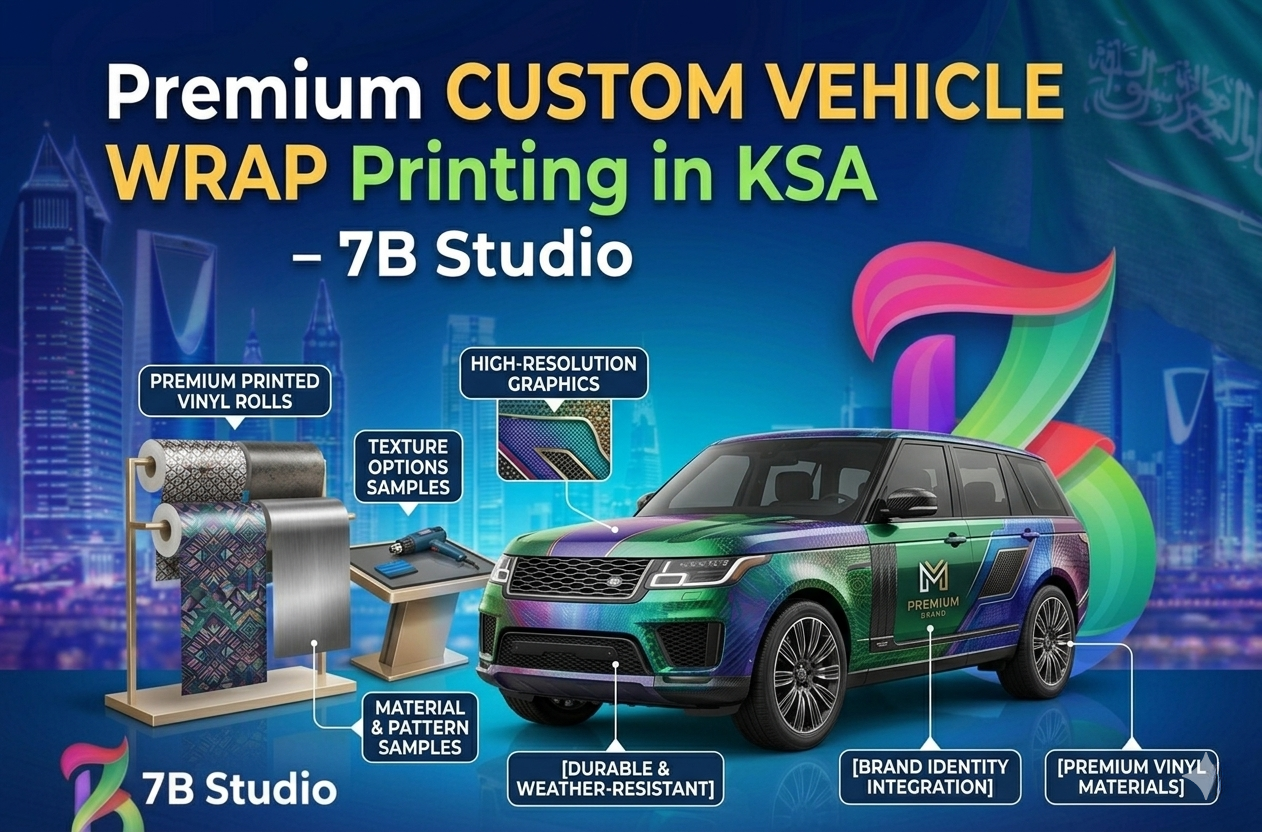A detailed infographic and promotional graphic for 7B Studio in KSA, showcasing premium custom vehicle wrap printing services. A luxury SUV is the central focus, fully covered in a vibrant, iridescent, and patterned custom vehicle wrap. The graphic highlights various aspects of the process and benefits with labels: '[PREMIUM PRINTED VINYL ROLLS]', '[HIGH-RESOLUTION GRAPHICS]', '[DURABLE & WEATHER-RESISTANT]', '[BRAND IDENTITY INTEGRATION]', and '[PREMIUM VINYL MATERIALS]'. The 7B Studio logo and a large colourful "7B" shape are integrated, all set against a night-time KSA city skyline background with a Saudi flag.