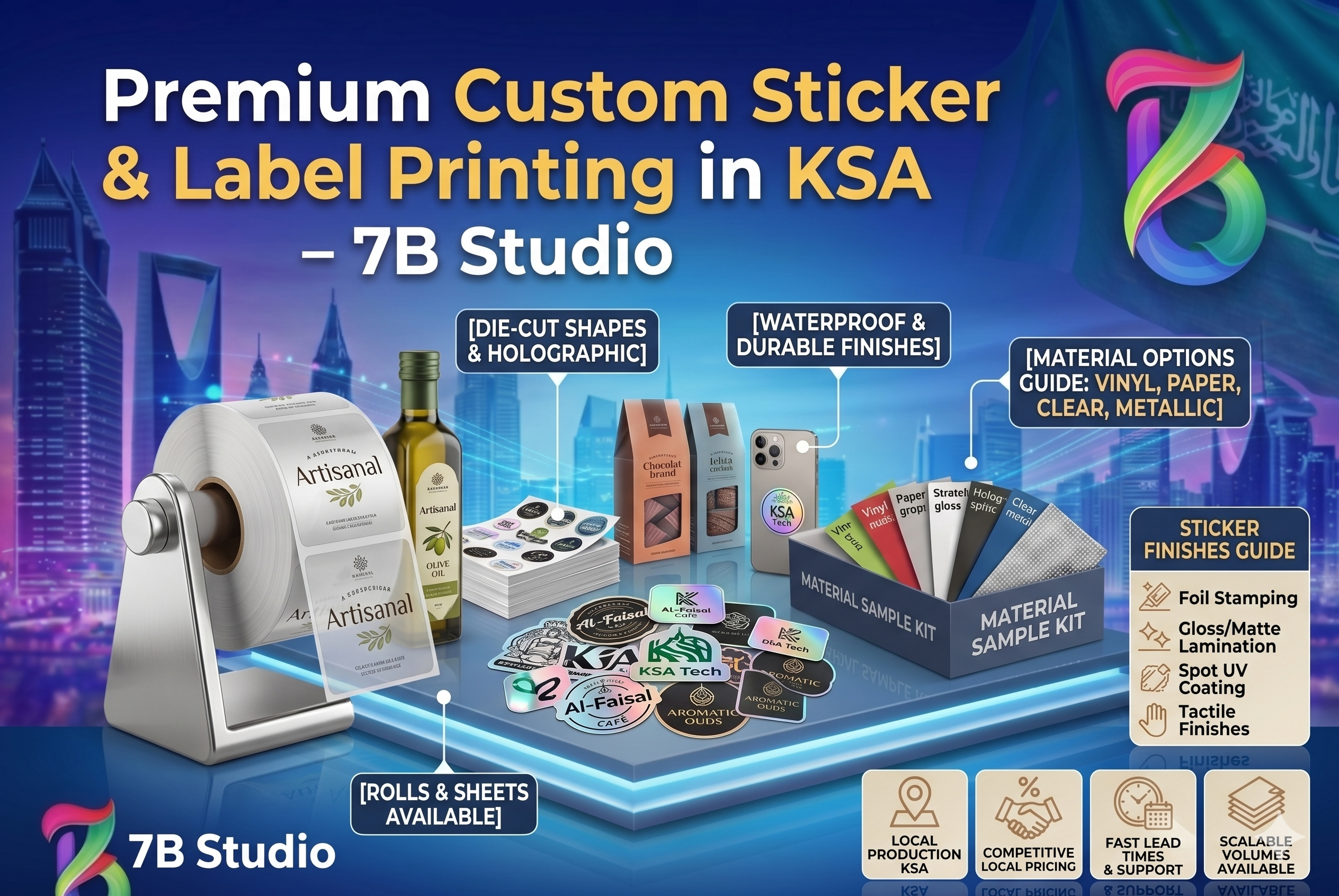 A promotional advertisement banner from 7B Studio based in KSA, featuring a central scene set on a tiered, reflective blue podium against a futuristic Riyadh skyline with a subtle Saudi flag. The image highlights custom sticker and label printing. In the middle, a metal roll label dispenser holds a large roll of custom-printed "Artisanal" labels, being applied to adjacent finished products: an olive oil bottle, a coffee bean bag, and a smartphone with a smaller "KSA Tech" sticker. Below, loose examples of custom-shaped, die-cut, holographic, and foil-stamped stickers are spread out. To the right, a 'Material Sample Kit' box holds various material swatches (Holographic, Gloss, Matte, etc.), next to a detailed 'Sticker Finishes Guide' table listing options like Foil Stamping, Spot UV Coating, and Tactile Finishes. Text callouts with pointing lines detail capabilities: "[DIE-CUT SHAPES & HOLOGRAPHIC]",