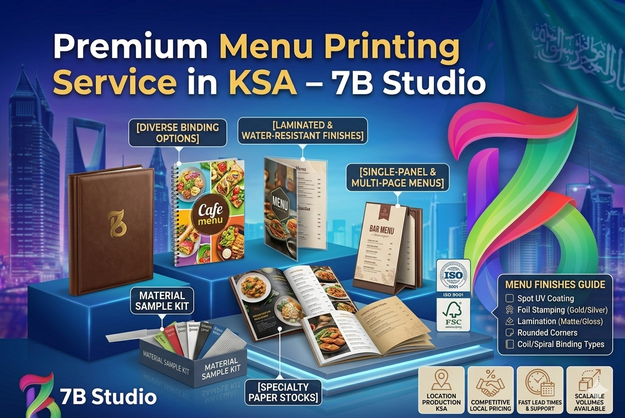A detailed B2B promotional infographic banner from 7B Studio against a futuristic Riyadh skyline with the KSA flag. Various custom-designed menu products are arranged on a tiered reflective podium. Displayed menus include a fine leather-bound dining menu with debossed gold logo, a spiral-bound cafe menu, folded table tent menus, single-panel menus, and open menus with photos. Callouts specify features: [DIVERSE BINDING OPTIONS], [LAMINATED & WATER-RESISTANT FINISHES], [SINGLE-PANEL & MULTI-PAGE MENUS], and [SPECIALTY PAPER STOCKS]. Below, a 'Material Sample Kit' tray holds different paper swatches. Certified quality logos (ISO, FSC) are visible. Four trust icons along the bottom detail local production, pricing, lead times, and volumes, with the 7B Studio logo.