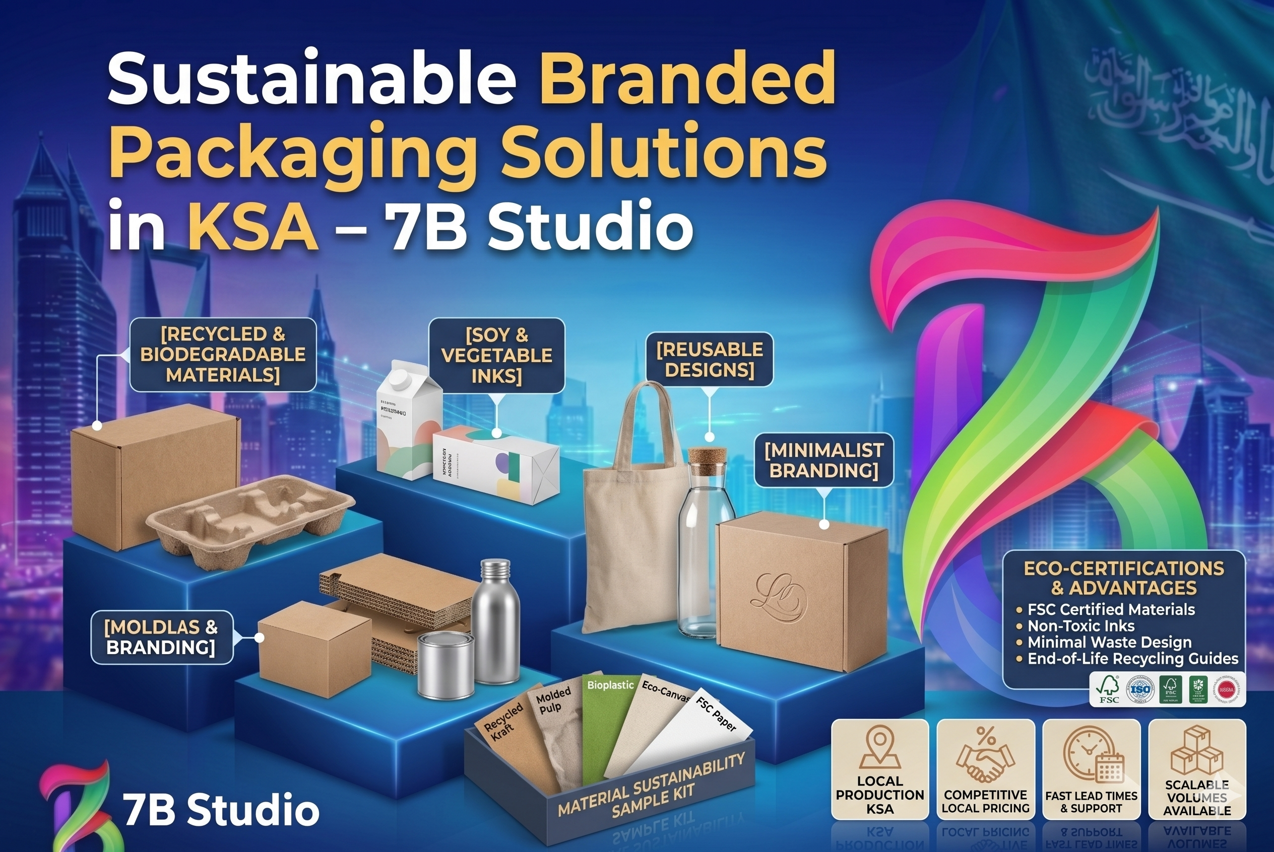 A detailed B2B promotional infographic banner from 7B Studio against a futuristic Riyadh skyline with the KSA flag. Various eco-friendly branded packaging solutions are arranged on tiered reflective blue podiums. Products include a brown corrugated box, a molded pulp tray, various cardboard boxes, reusable fabric bags, and a glass bottle. Callouts highlight features: [RECYCLED & BIODEGRADABLE MATERIALS], [MOLDLAS & BRANDING], [SOY & VEGETABLE INKS], [REUSABLE DESIGNS], and [MINIMALIST BRANDING]. A 'Material Sustainability Sample Kit' tray shows swatches like Recycled Kraft and molded pulp. Certified quality logos are displayed. Four trust icons along the bottom detail local production, pricing, lead times, and volumes, with the 7B Studio logo.