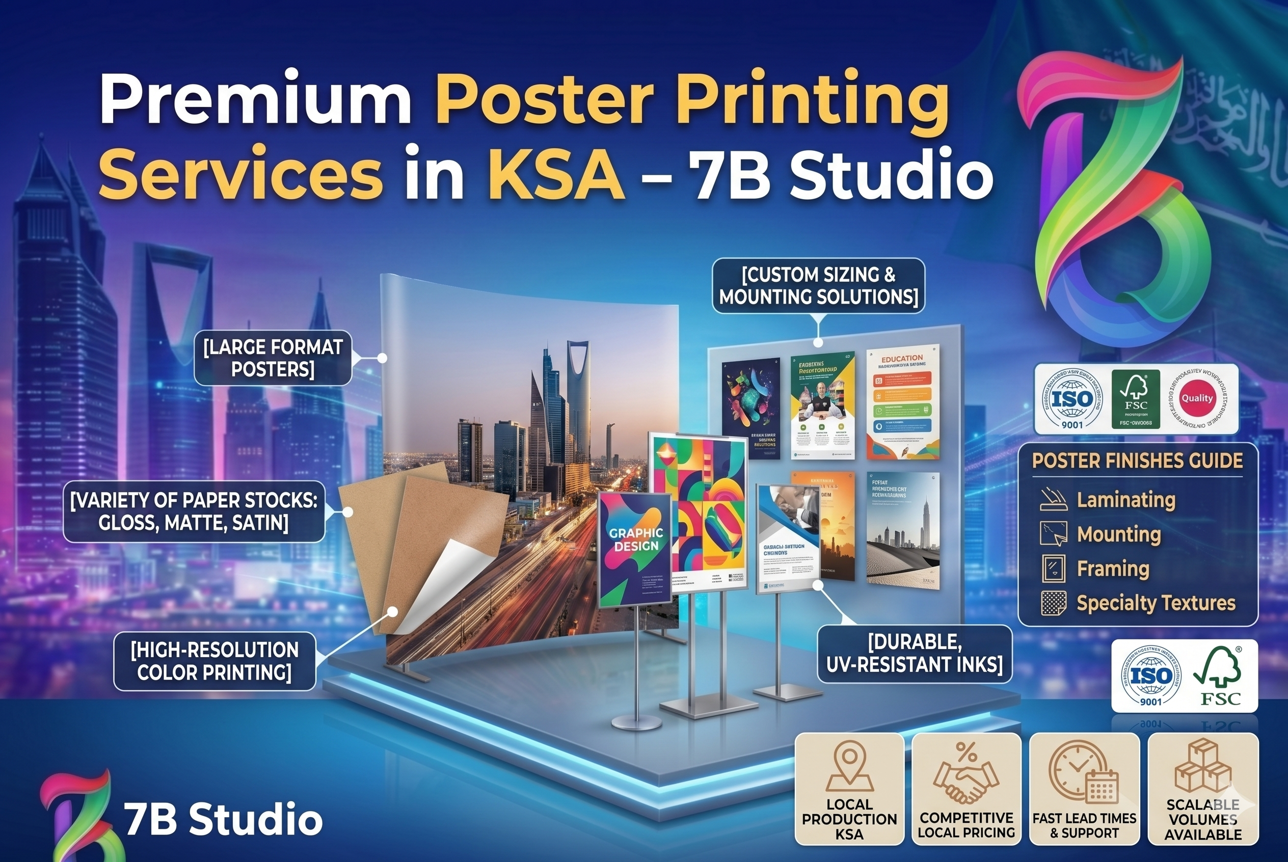 A detailed B2B infographic banner is set against a futuristic Riyadh skyline at night. A large header reads "Premium Poster Printing Services in KSA – 7B Studio". A tiered display on a blue platform shows diverse poster products and service callouts. On the left and center, labeled callouts point to [LARGE FORMAT POSTERS], [VARIETY OF PAPER STOCKS: GLOSS, MATTE, SATIN], [HIGH-RESOLUTION COLOR PRINTING], [CUSTOM SIZING & MOUNTING SOLUTIONS], and [DURABLE, UV-RESISTANT INKS]. These examples include a massive city skyline poster and smaller graphic and informational posters on stands. On the right, a colorful, three-dimensional ribbon 7B logo is prominent. A bordered POSTER FINISHES GUIDE is present, listing Laminating, Mounting, Framing, and Specialty Textures. Quality standard logos for ISO 9001 and FSC are visible. At the bottom-left, the small 7B Studio logo and text are positioned. Four trust icons at the bottom-right are labeled [LOCAL PRODUCTION KSA], [COMPETITIVE LOCAL PRICING], [FAST LEAD TIMES & SUPPORT], and [SCALABLE VOLUMES AVAILABLE]. The entire image follows the corporate branding of 7B Studio.
