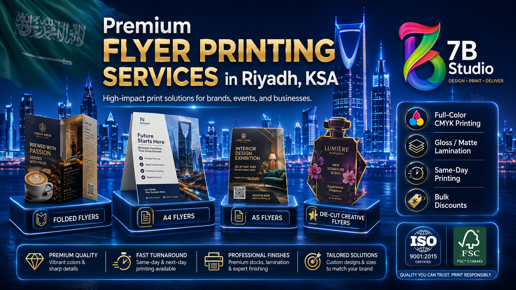 Flyer printing services Riyadh infographic by 7B Studio showing A4 flyers, A5 flyers, folded flyers, die-cut flyer designs, CMYK printing, lamination, same-day printing, and bulk printing options.