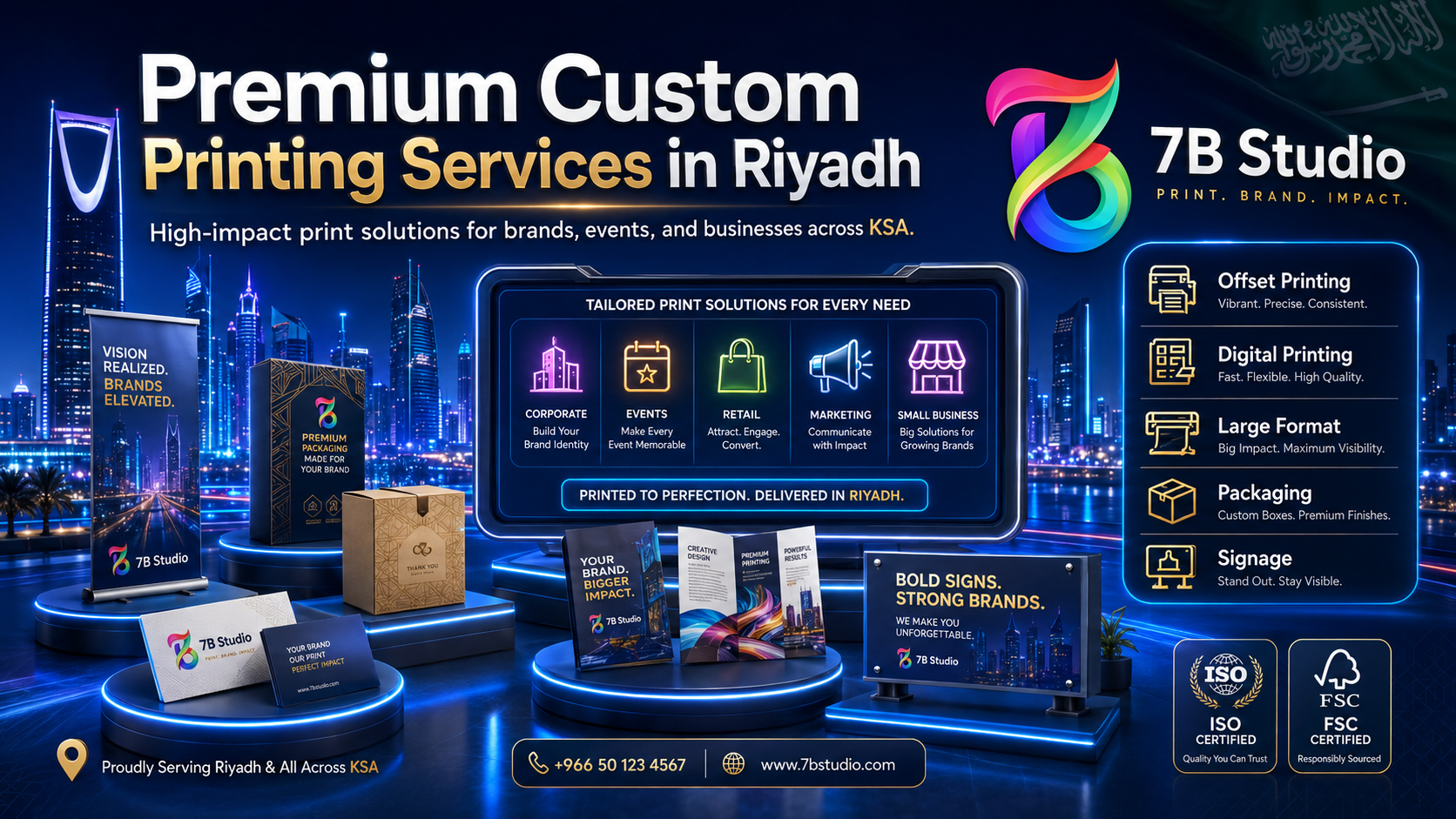 Printing services Riyadh promotional banner by 7B Studio featuring business cards, banners, packaging boxes, brochures, vinyl signs, offset printing, digital printing, large format printing, packaging, and signage services.